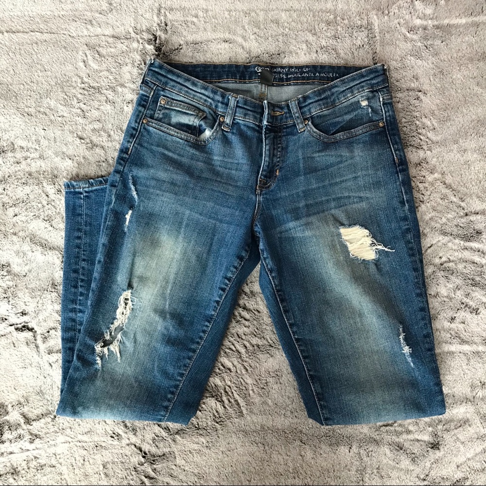 GAP Distressed Skinny Roll Up Jeans